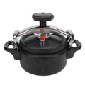 Black speckled pressure canner with domed lid, steam valve, and side handles