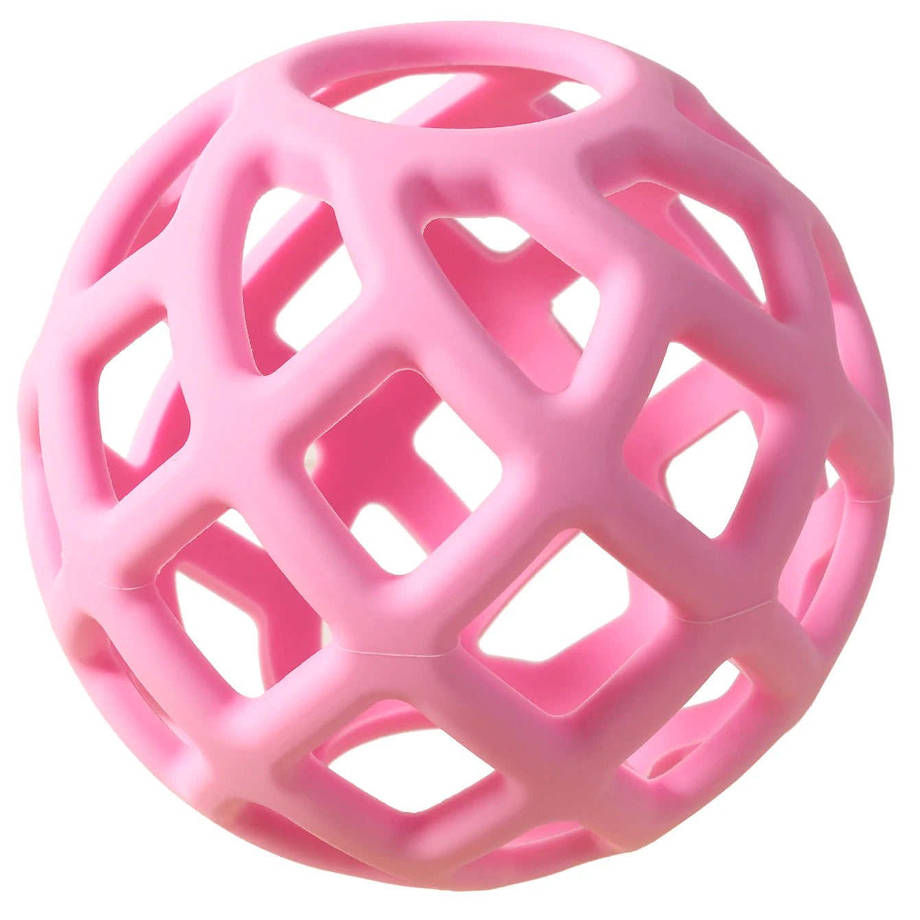 Pink silicone teething toy ball for baby teething relief.
