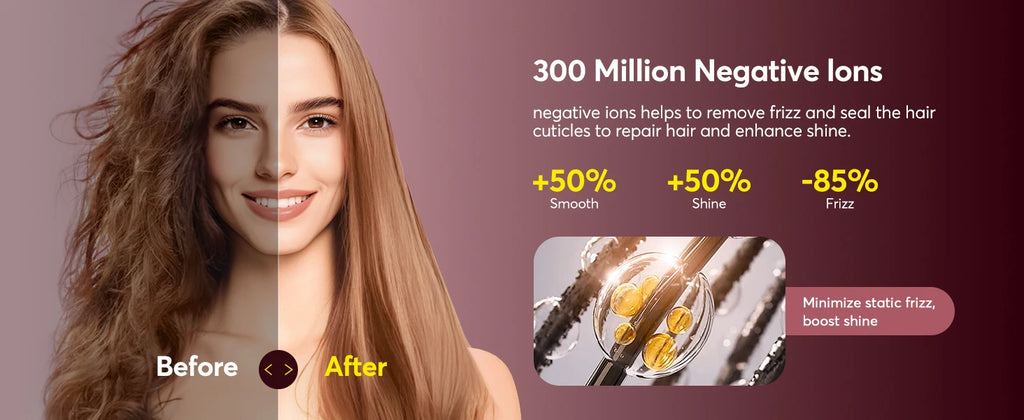 5-in-1 ionic hair styler transforming frizzy hair to smooth, shiny results with negative ion technology.