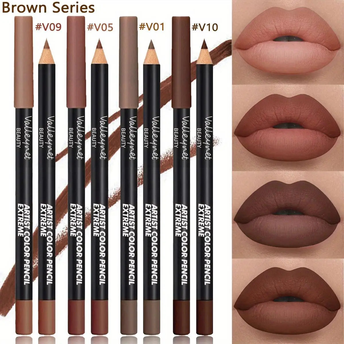 4pc waterproof matte lip liner set in brown shades, featuring long-lasting pigment and smooth, creamy lip makeup finish.