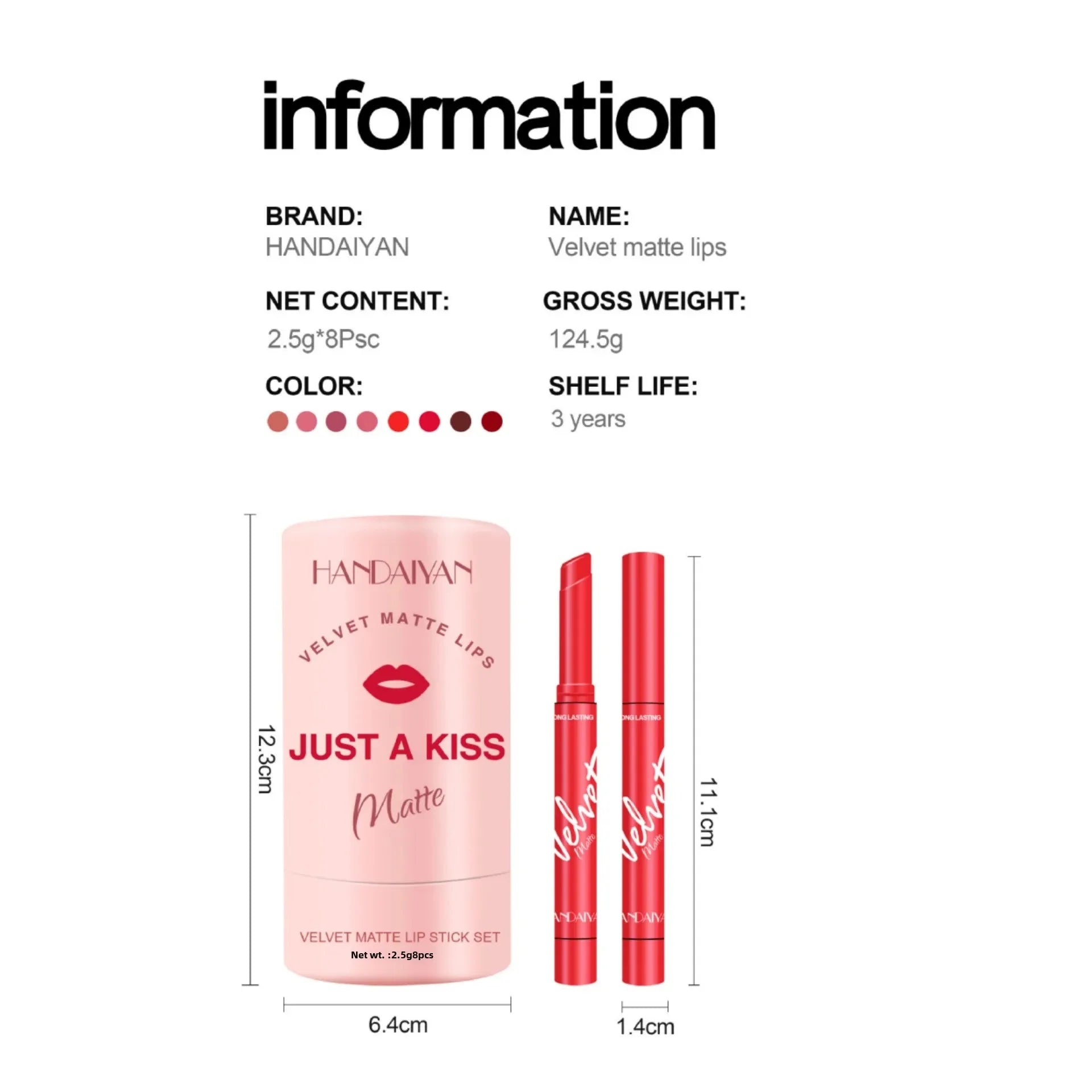 8-piece Handaiyan velvet matte lipstick set in pink gift tube with long-lasting slim red lipstick applicators.