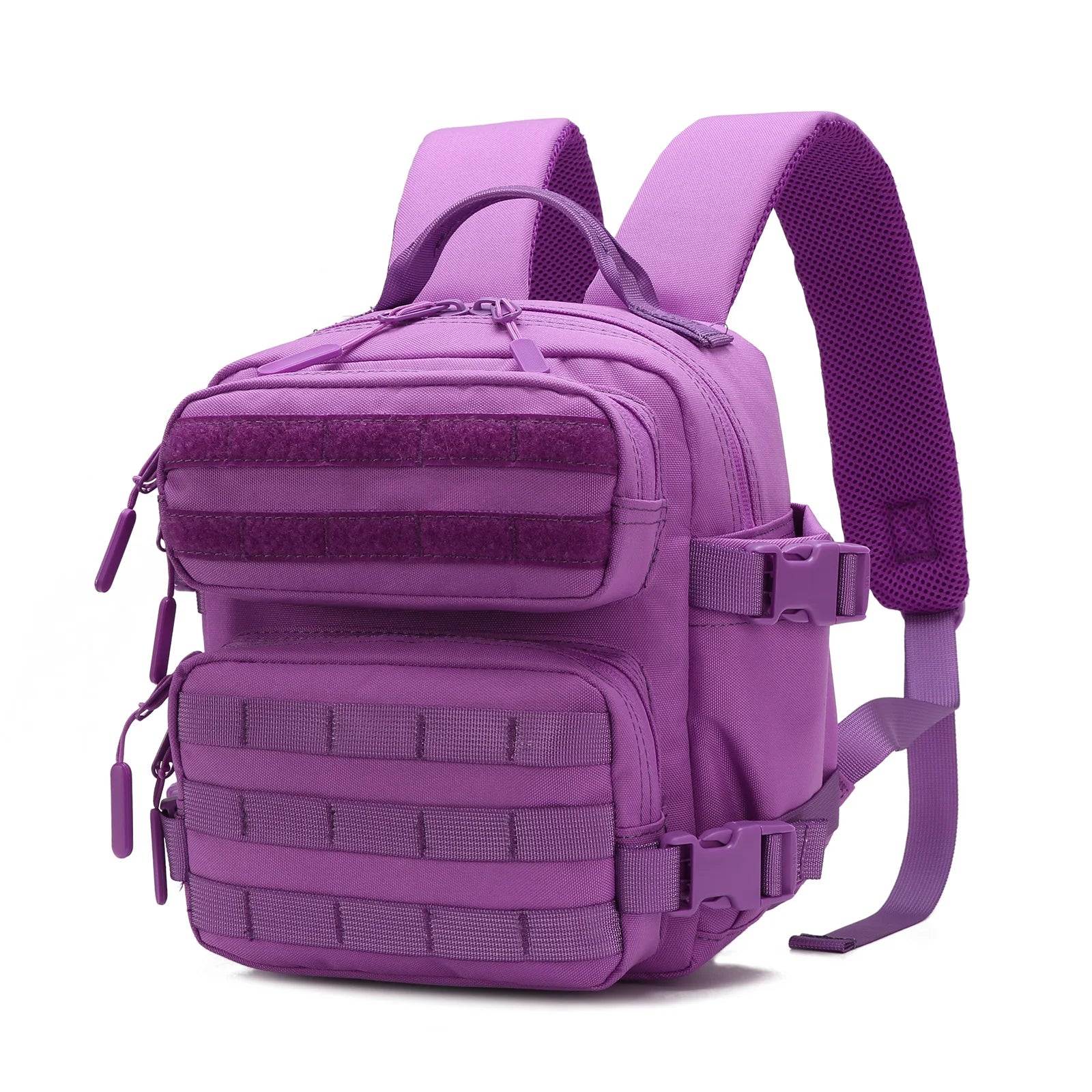 Violet mini tactical Molle backpack with front zip pocket and MOLLE webbing straps