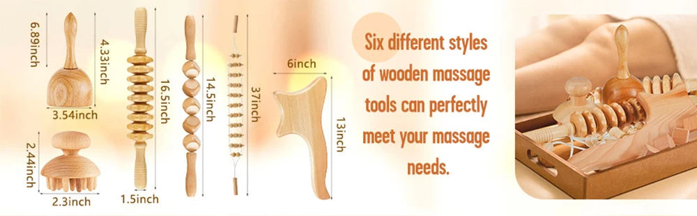 Wood Therapy Massage Tool - 6-Piece Lymphatic Drainage Recovery Set Fascia Gun Tidesmit