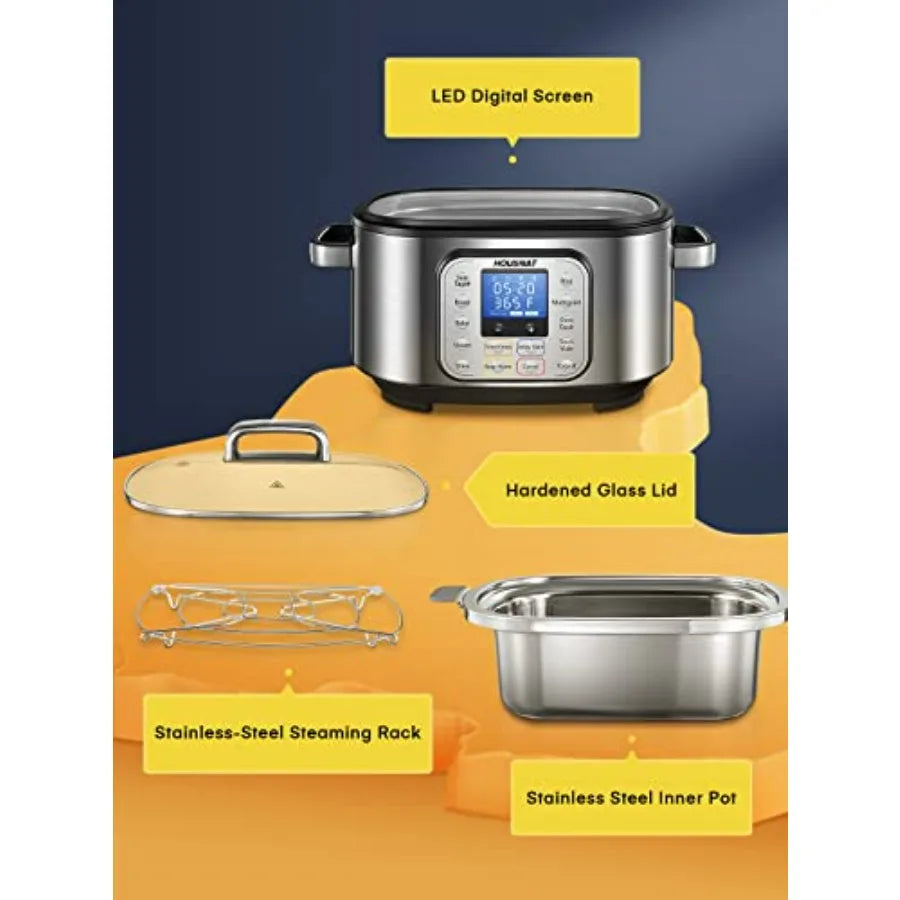 Silver slow cooker with LED screen, glass lid, steam rack, and stainless inner pot
