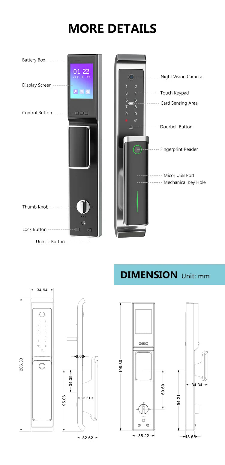 3DCamera TTlock Waterproof Bluetooth Wifi Fingerprint Smart Lock Electronic Intelligent Biometric Code Digital Door Lock
