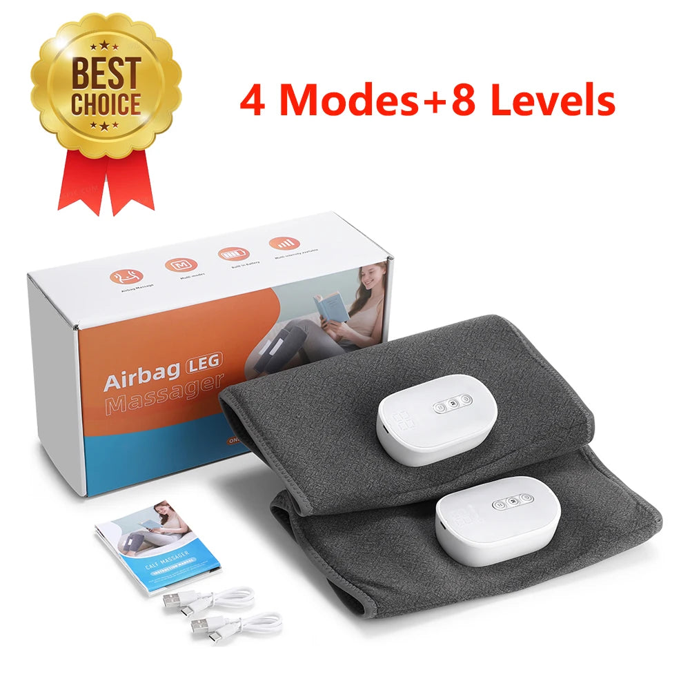 Dark grey fabric air leg massager with two white rechargeable control units, instruction manual, and charging cables.