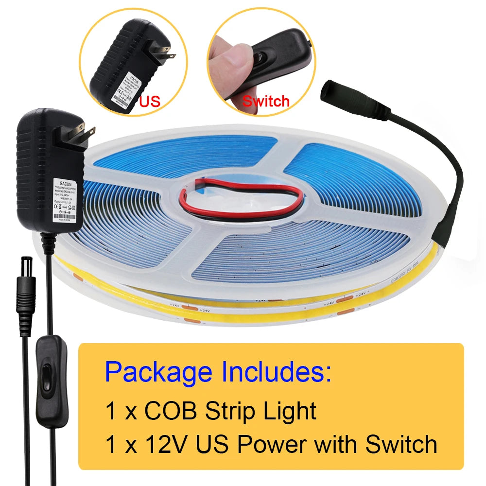 COB LED strip kit with 12V US power adapter and on/off switch