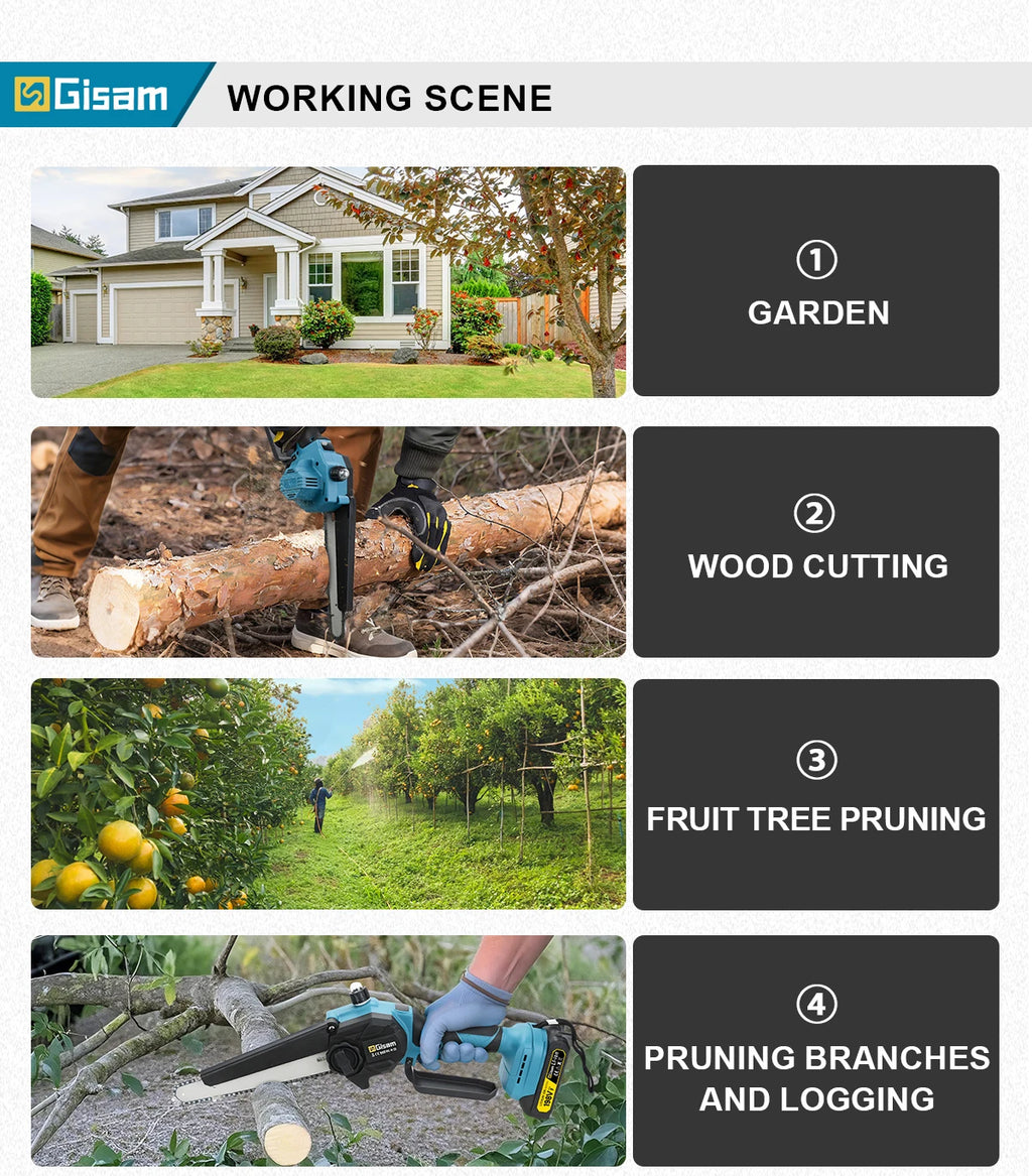 Gisam 8 Inch Brushless Electric Chainsaw Cordless Portable Electric Saw Woodworking Power Tool For makita 18v battery pins