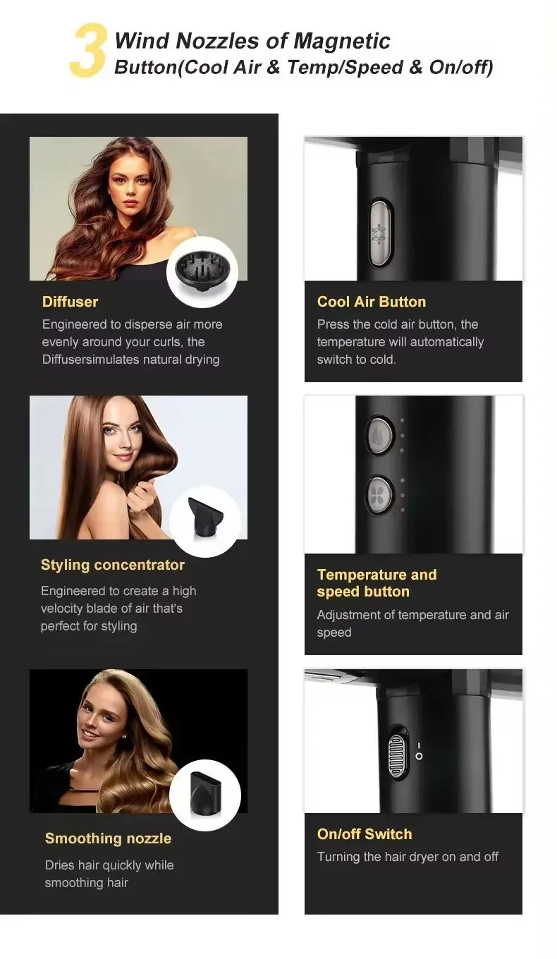 VGR V-427 black professional hair dryer with 110k RPM motor, 3 magnetic nozzles, diffuser, and cool air settings.