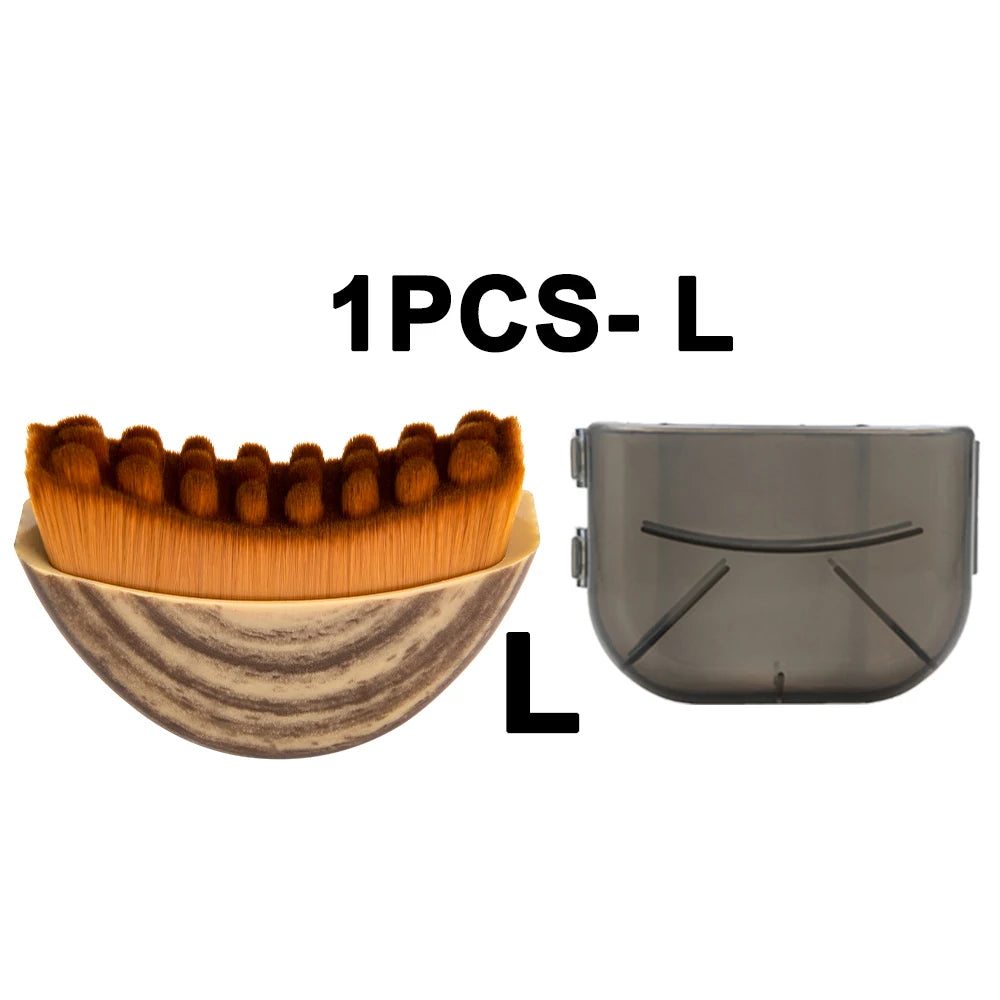 Large face and body brush with brown bristles in a wood-grain handle, shown with its translucent grey protective cover.