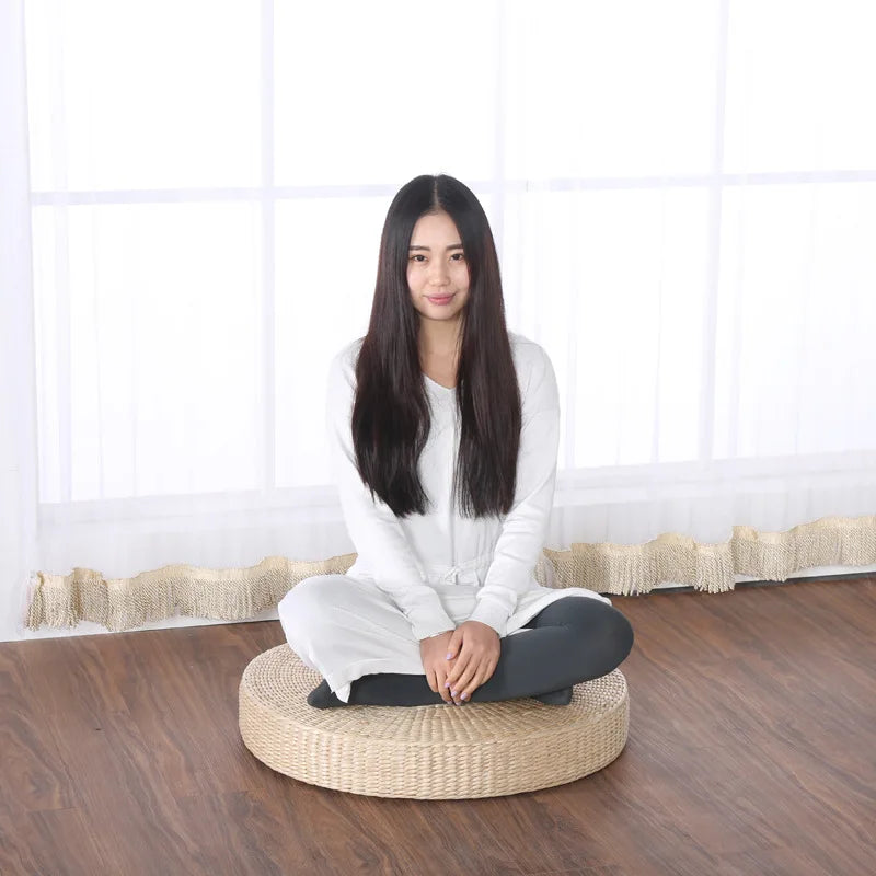 Round Woven Rush Cushion Meditation Zafu Yoga Mat for Floor Tatami Kneeling Tea Ceremony Zen Window Seat