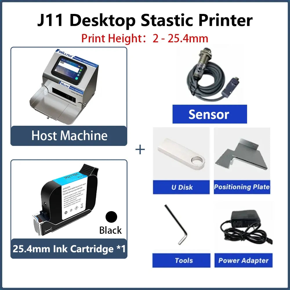 Desktop static inkjet printer packing list with sensor cable, positioning plate, and U disk