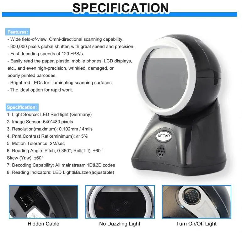 2D image platform barcode scanner with hidden cable and no-dazzle light features