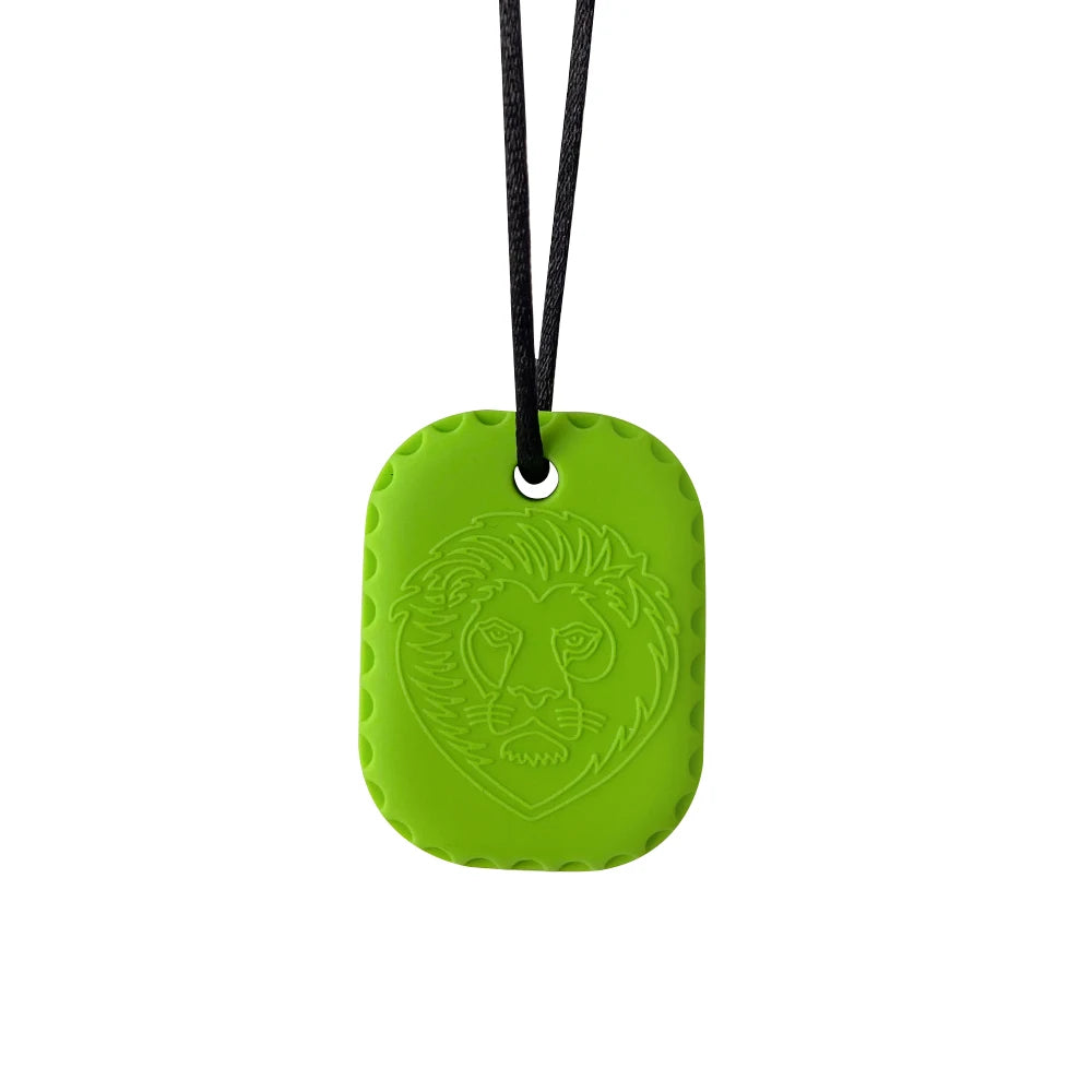 Green silicone lion pendant baby teething toy on a black cord for soothing infant gums.