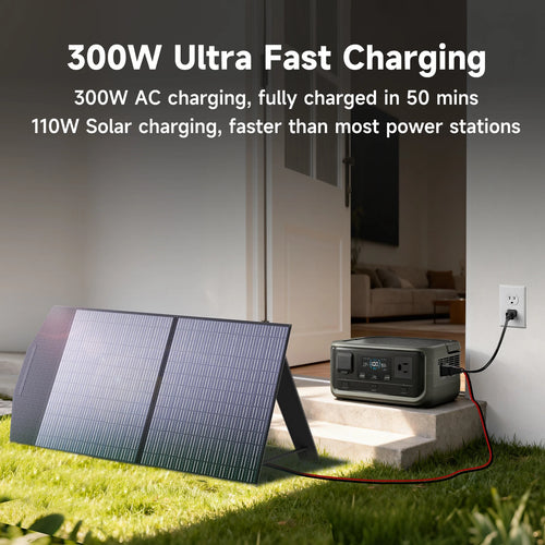 Grey ALLPOWERS portable power station with digital display, connected to a wall outlet and folding solar panel on grass.