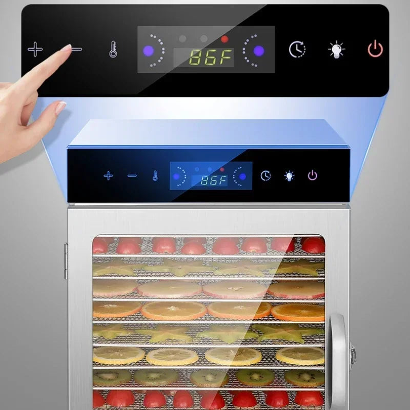 Tidesmit commercial food dehydrator with multi-layer stainless steel trays for drying fruit, vegetables, and meat.