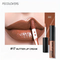 Pecolovers moisturizing butter lip cream in glossy nude brown, non-sticky high-pigment liquid lipstick applicator.