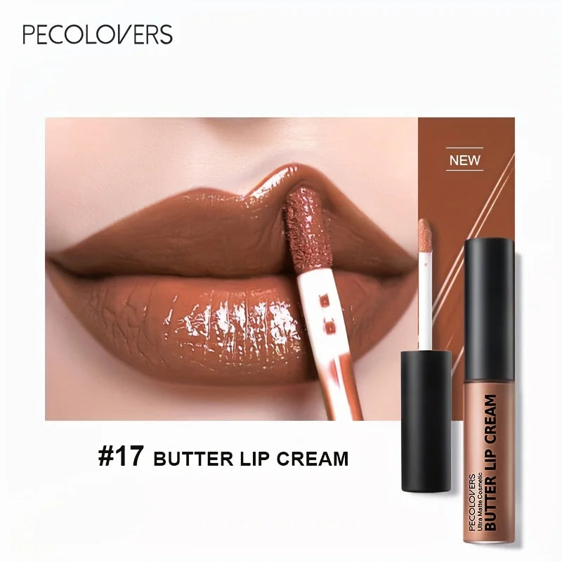 Pecolovers moisturizing butter lip cream in glossy nude brown, non-sticky high-pigment liquid lipstick applicator.