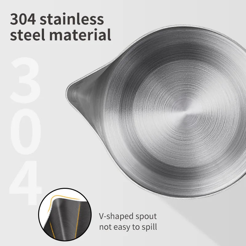 Silver 304 stainless steel coffee milk frothing pitcher featuring a drip-free V-shaped pour spout.