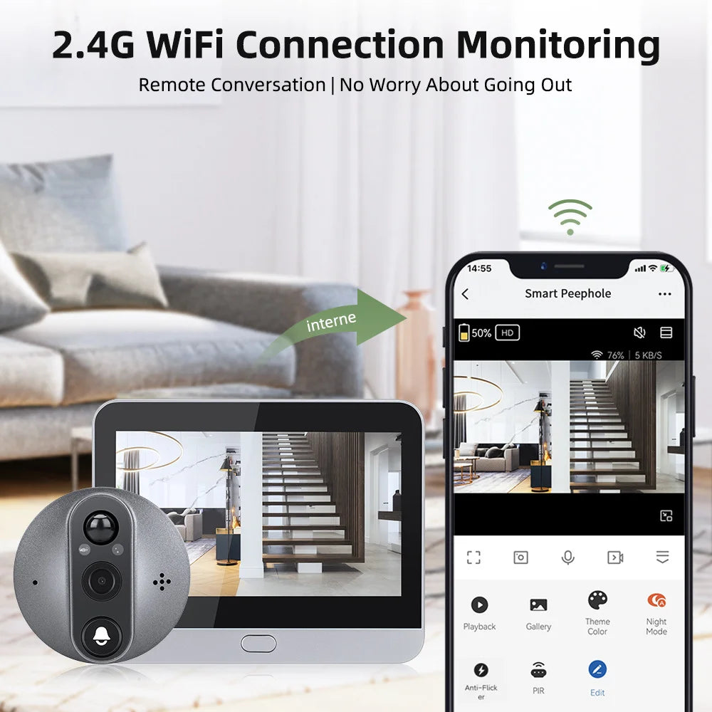4.3'' IPS Screen Smart life/Tuya APP 2.4G 3MP Wireless wifi Video Intercom Doorbell eye PIR High-definition Visual Monitoring