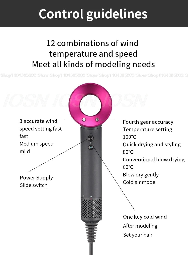 Pink and grey professional leafless ionic hair dryer with 12 heat and speed settings for quick drying and styling.