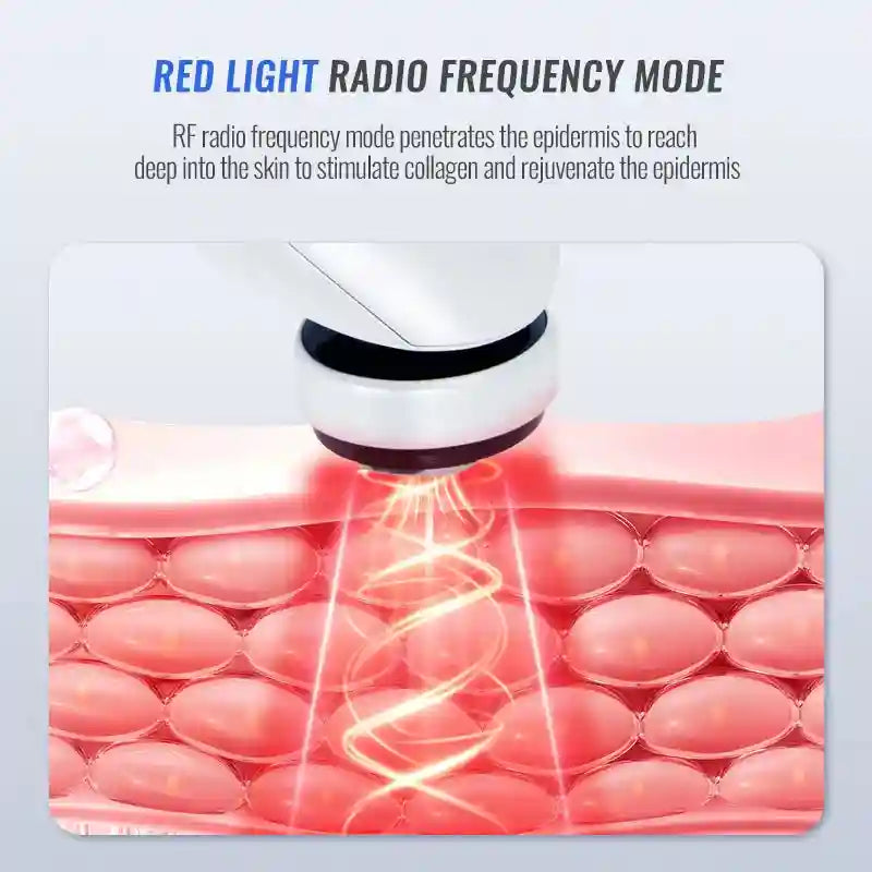 Mini HIFU RF facial device with red light therapy for skin firming, collagen stimulation, and anti-aging treatment.