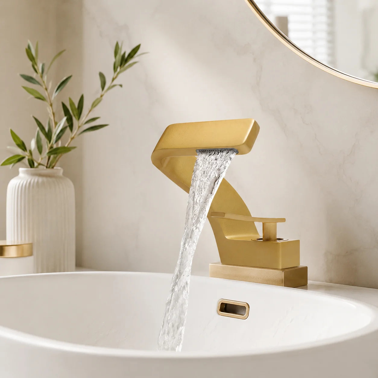 Gold Bathroom Waterfall Mixer Tap Modern Washbasin Faucet Copper Basin Tap Elegant Lift Off Type