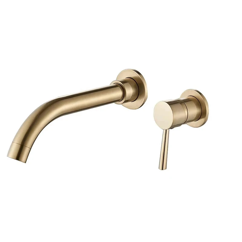 Wall Mounted Basin Mixer Tap, Single Lever Hot Cold Concealed Bathroom Sink Faucet, 2-Piece Wall Mount Brass Vanity Tap with Long Spout, Modern Minimalist G1/2 EU Standard for Bathroom Renovation