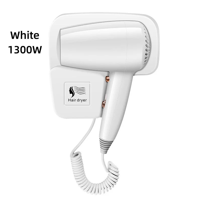 White 1300W wall-mounted hair dryer with coiled cord, perfect for home or hotel bathrooms. Non-perforated design.