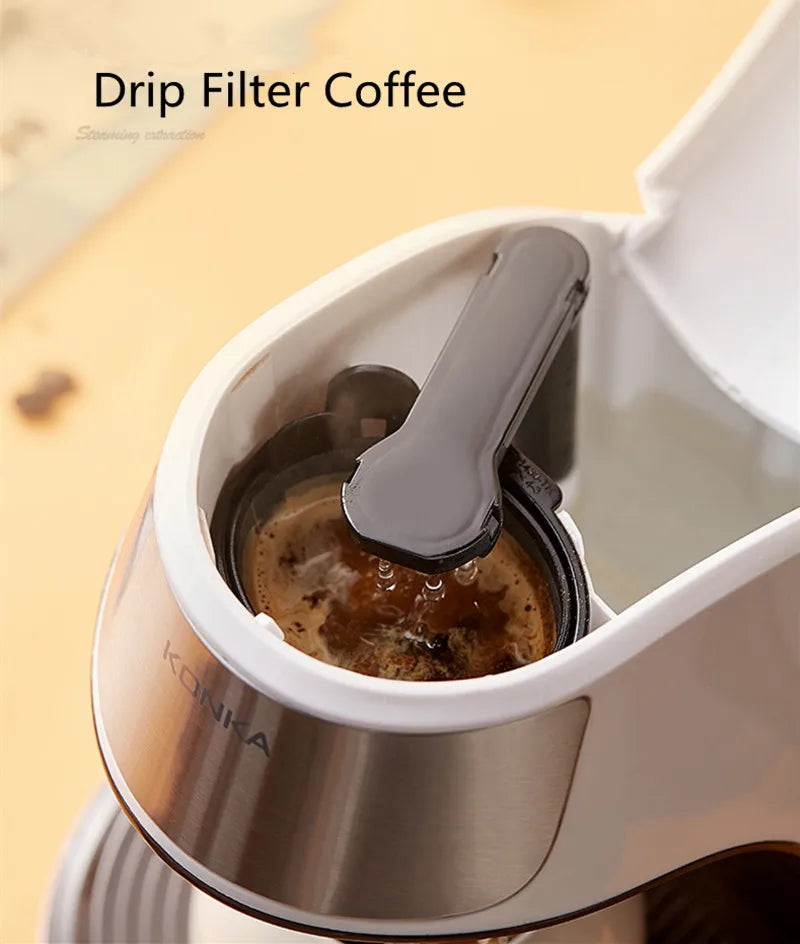 Konka white and stainless steel drip coffee maker brewing process with top filter and water reservoir view.