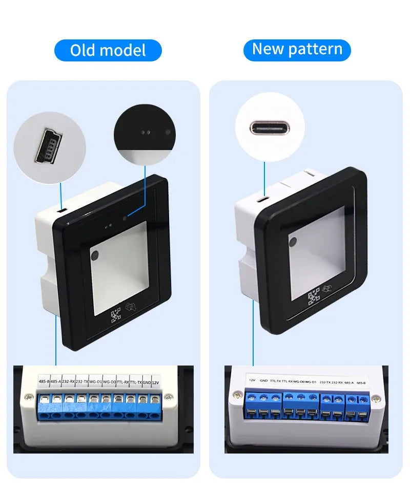 DC12V 125Khz/13.56Mhz RFID Barcode 2D QR Code Reader Access Control Reader Wigand USB RS232 RS485 Interface 86*86MM
