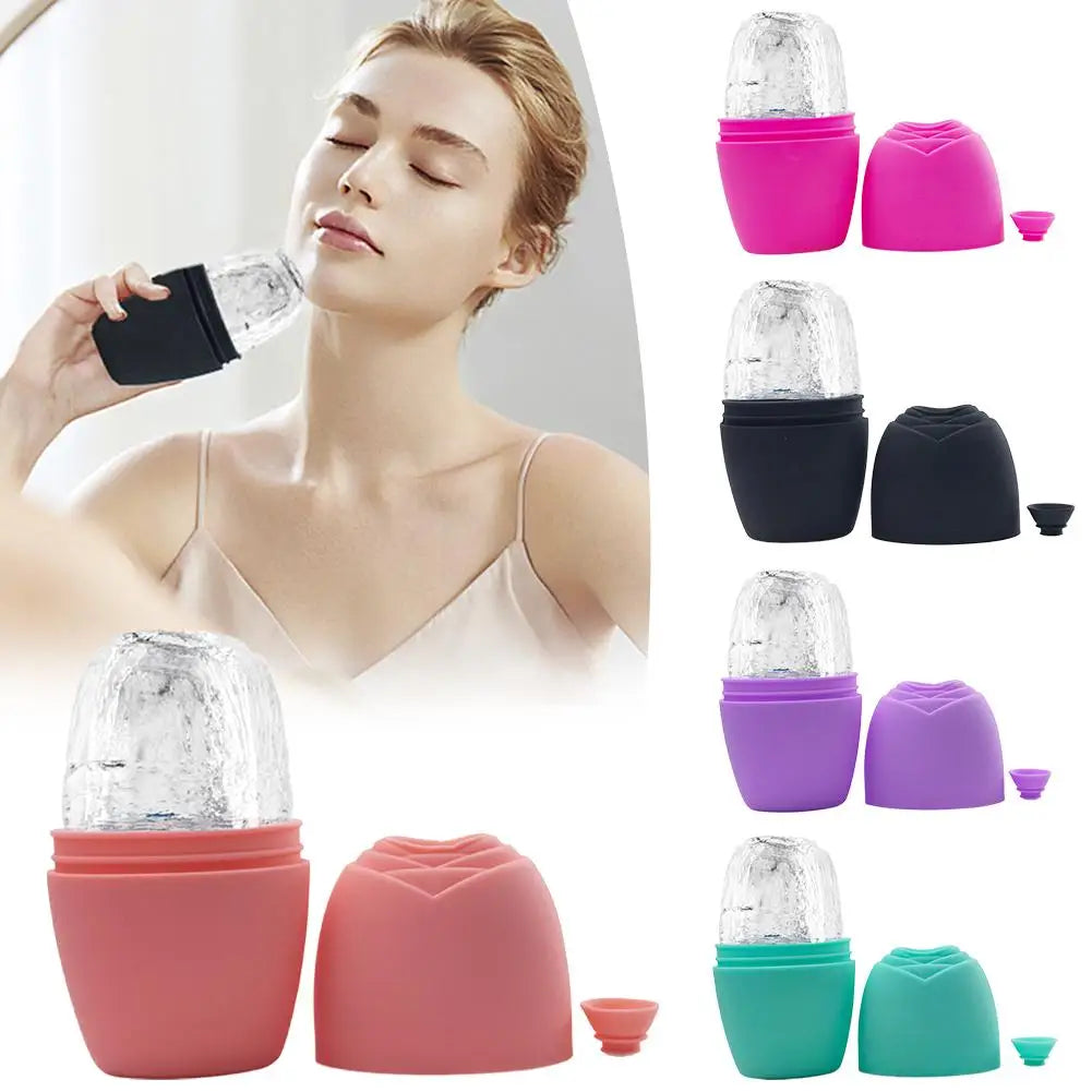 Woman using a silicone ice face roller. Set shows molds in pink, black, purple, and teal with ice cores.