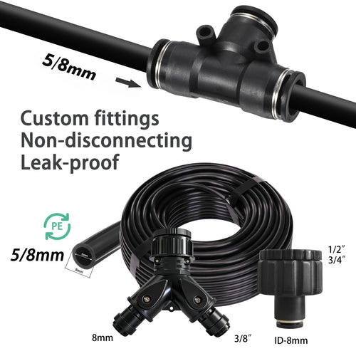 Black 8mm PE irrigation hose tee connector with brass fittings and flow-control valve assembly