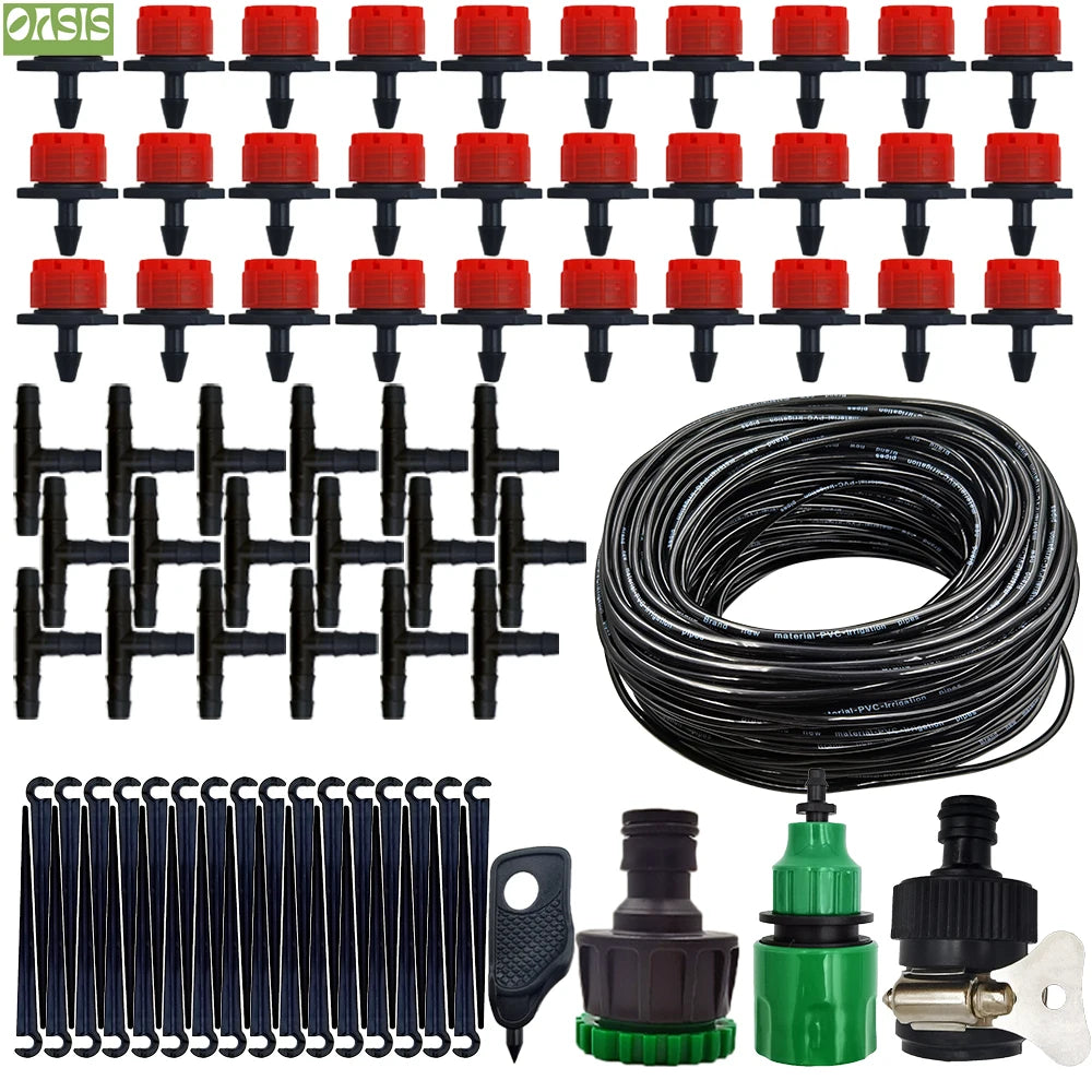 DIY micro drip irrigation kit: black hose coil, red emitters, connectors, and punch tools