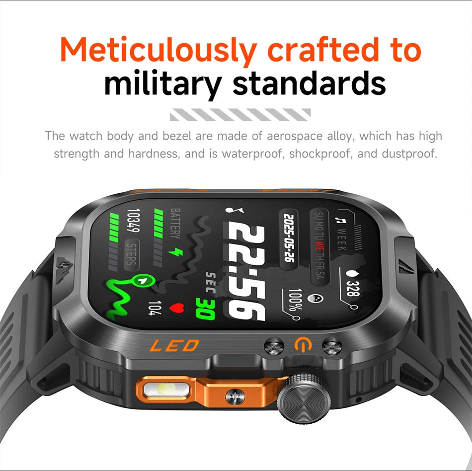 New 1200 mAh Battery Rugged Military Smartwatch Men 5ATM Waterproof Fitness Tracker Health Monitor 100+Sports Call Smart Watches