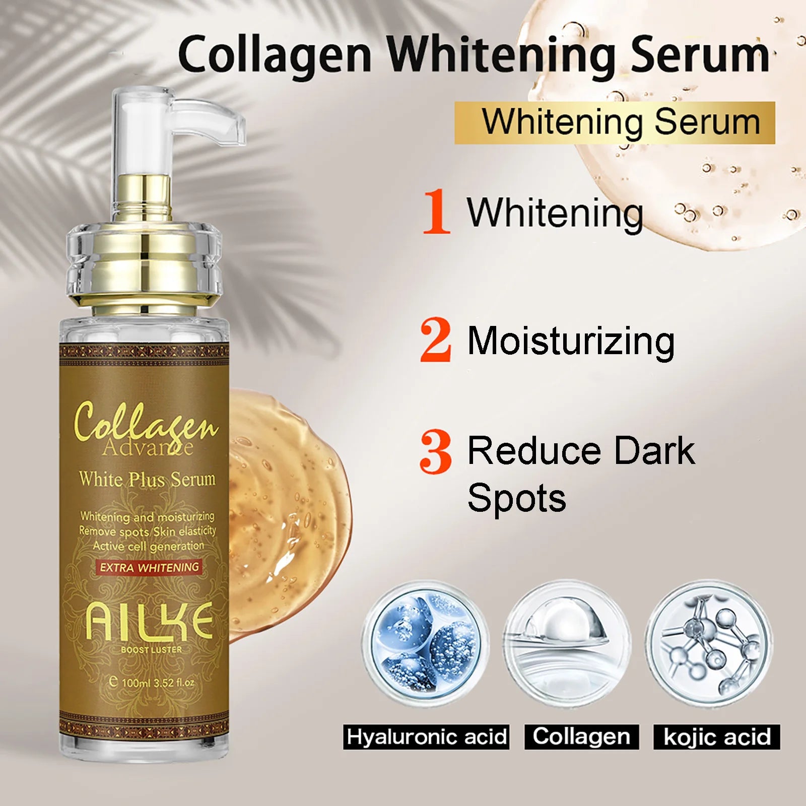 Collagen whitening serum bottle with gold pump, shown with small skincare ingredient icons
