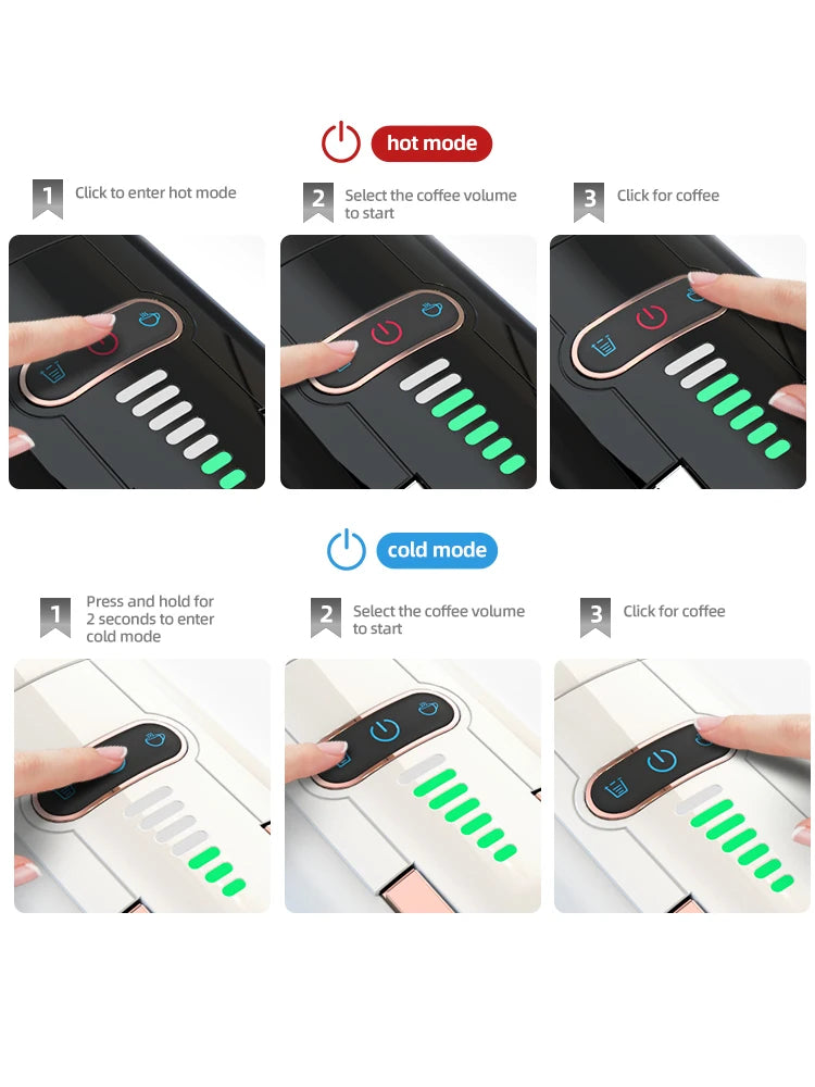 How to operate black and white portable coffee maker showing hot and cold mode LED touch interface steps.