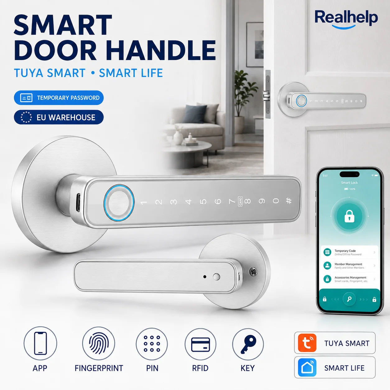 Bluetooth Fingerprint Door Handle Lock Tuya Smart Life App PIN RFID Card Mechanical Key for Home Apartment Office