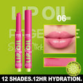 Pink click-press moisturizing lip oil, shiny glossy finish, hydrating lip glaze in shade 06 for plump lips.