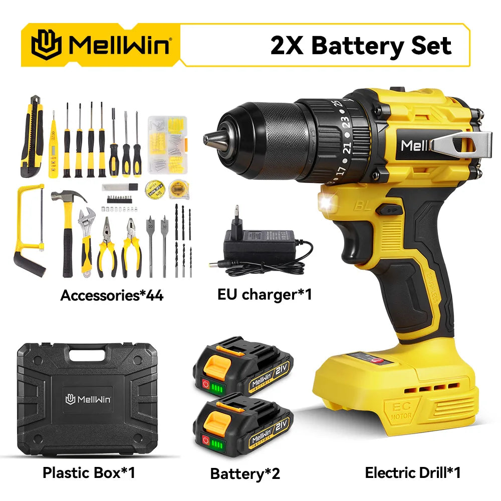 MELLWIN 480N.M Brushless Electric Impact Drill 3IN1 Handheld Electric Flat Drill Screwdriver For Makita 18V Battery Pin