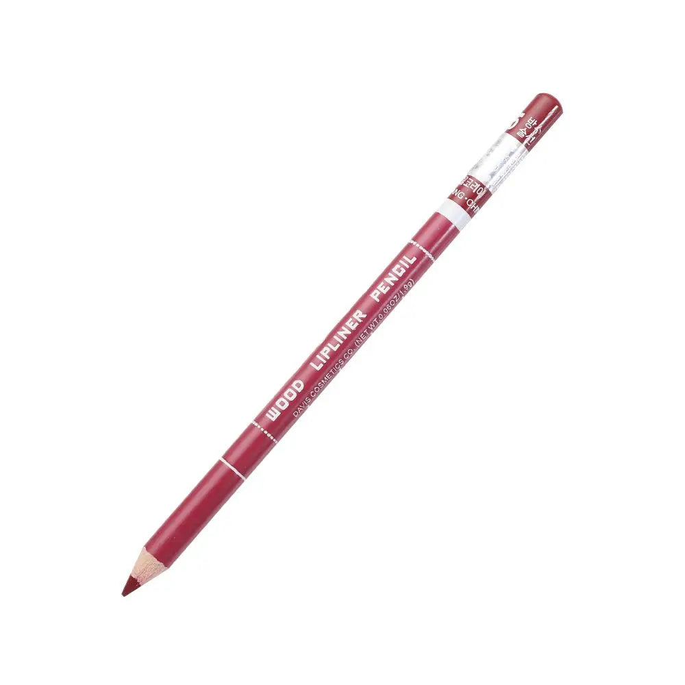 Professional waterproof wood lipliner pencil in deep berry red, wooden casing, sharp tip for precise makeup application.