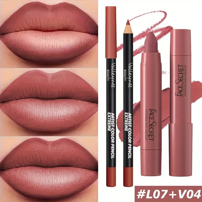 2pc matte velvet lipstick and liner set in deep berry, long-lasting waterproof formula for smooth lip makeup.