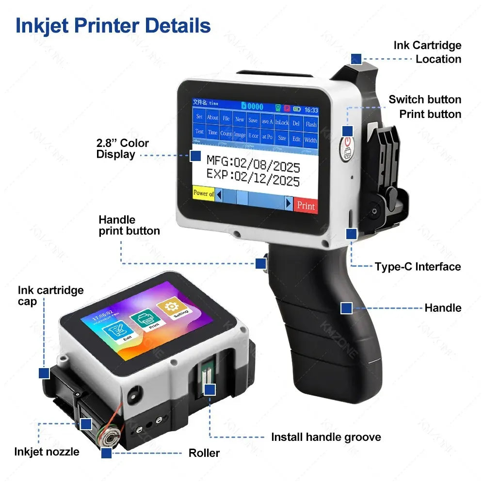 12.7mm Portable Mini Handheld Inkjet Printer for QR Barcode Batch Date Number Logo Expiry Date Coding Machine 28 Languages