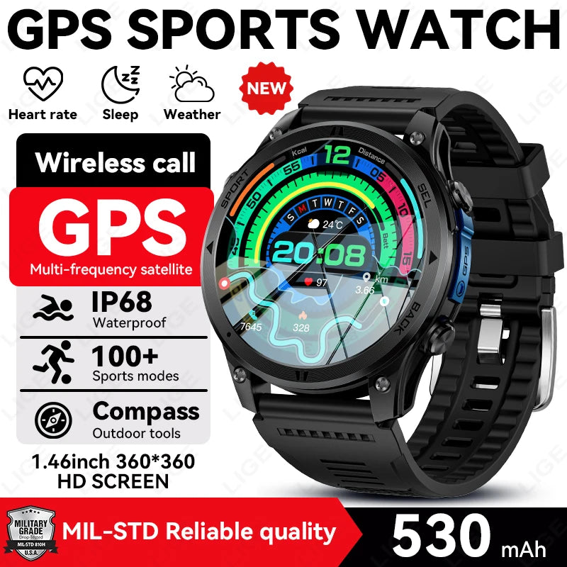 GPS sports watch with black case and black silicone strap, circular HD display