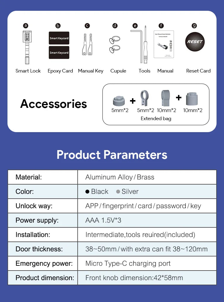 V1 Pro+ Version Adjustable TUYA or TTLock APP Fingerprint Password Digital RFID Card Cylinder Smart Door Lock for Home Hotel