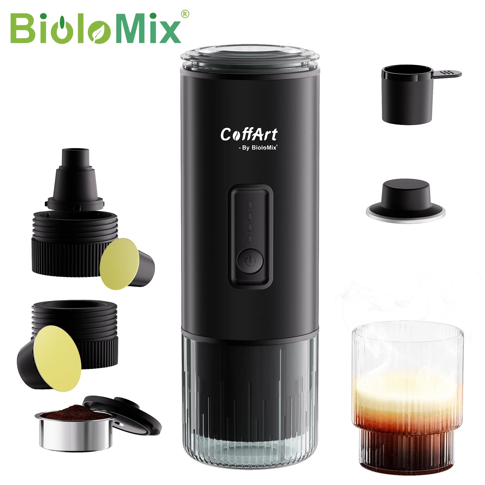 BioloMix CoffArt portable matte black espresso maker with coffee capsule adapters, measuring scoop, and glass cup.