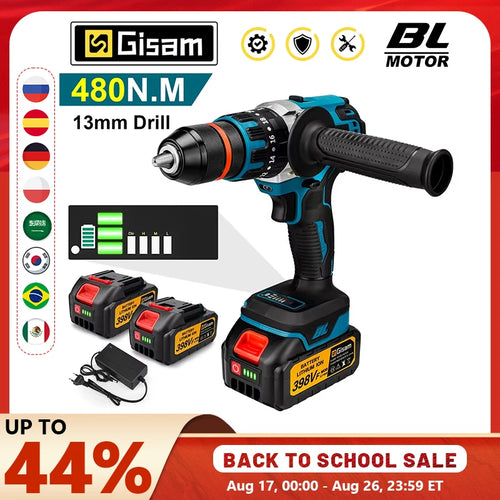 Cordless brushless impact drill/driver with teal-and-black handle, 13mm chuck