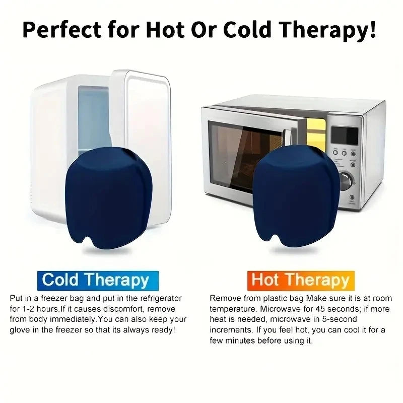 Blue migraine ice cap for hot or cold therapy, wearable gel headache relief wrap for microwave or freezer use.