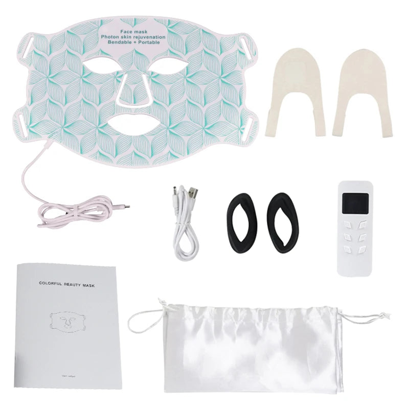8-color LED light therapy face mask kit with remote, charging cables, eye protection, and storage bag for skincare.