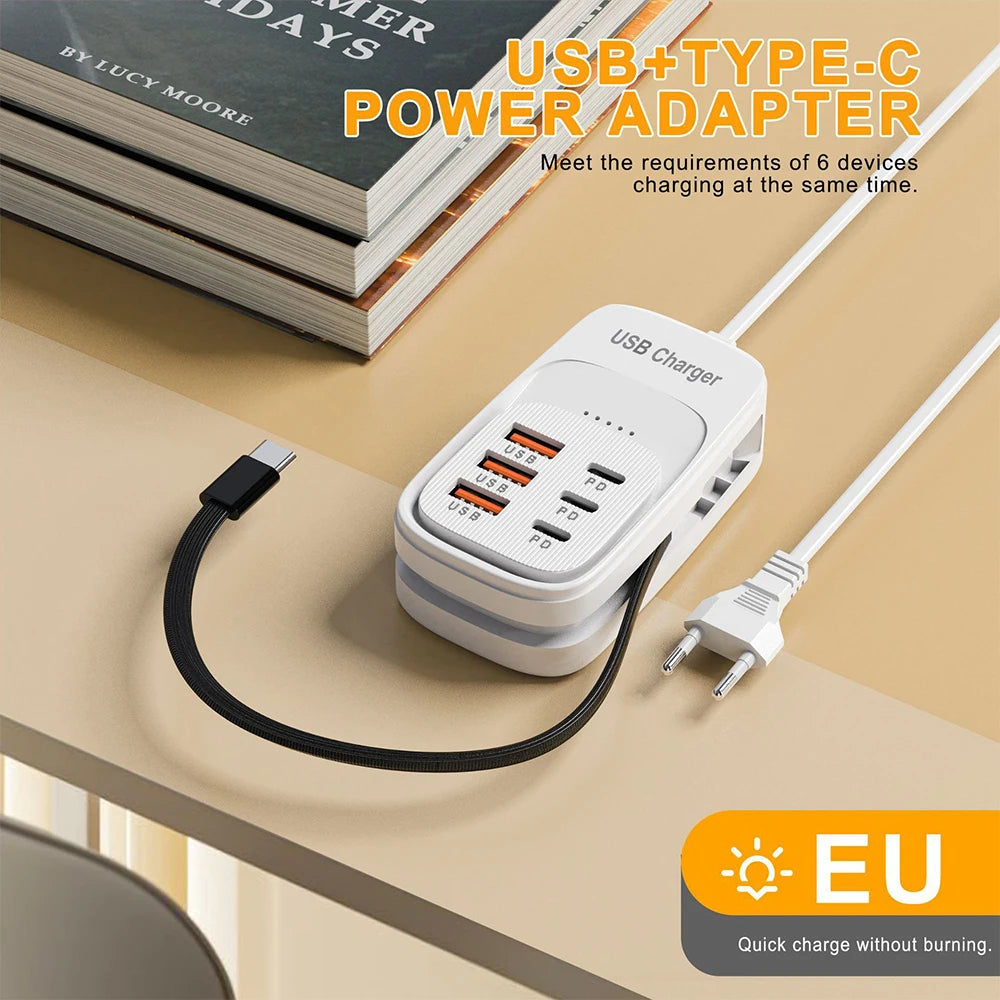 White 6-port USB desktop charging station with Type-C cable and EU plug adapter